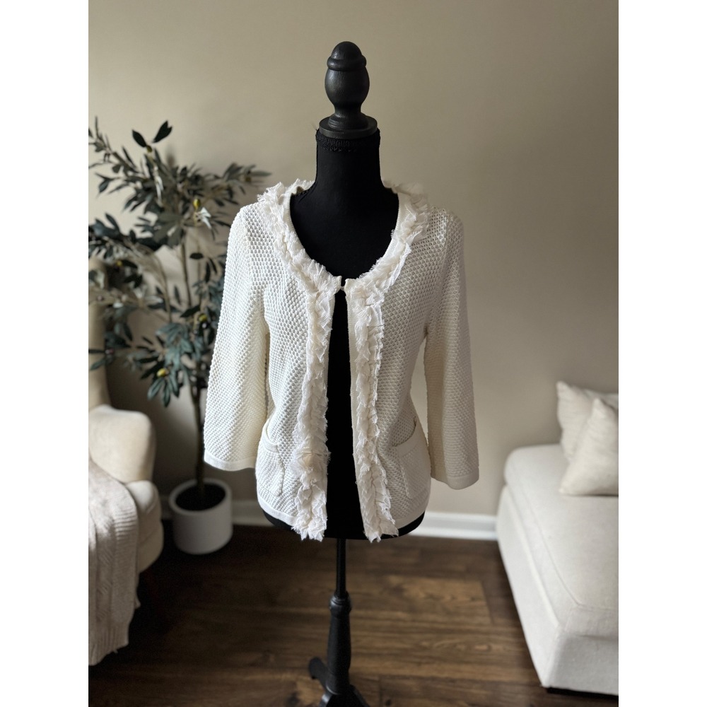White House Black Market Cream Ruffle Trim Textured Knit Cardigan Sweater Small